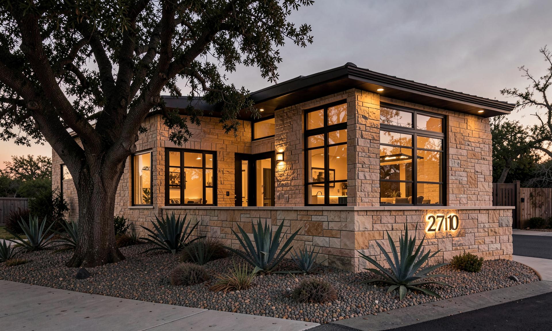 Modern Austin limestone home at dusk